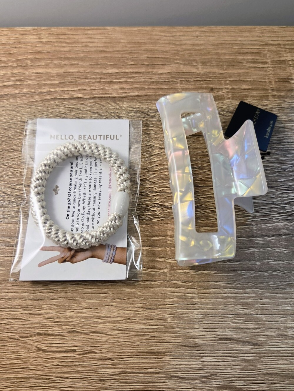 France Luxe L. Erickson Rectangle Claw Clip + Grab & Go Pony Hair Tie - Opal - Picture 3 of 7